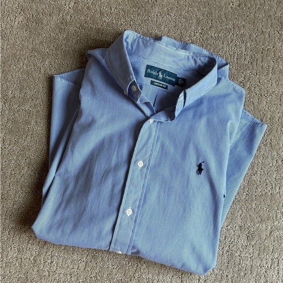 Ralph Lauren Custom Fit Blue Small Plaid Button Down Collar Shirt Men’s Size L - Picture 3 of 8
